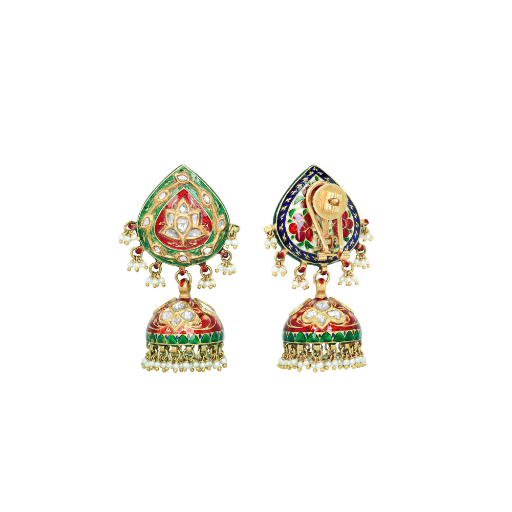 Teardrop Polki Jhumkas with Green-Red Enamel and Pearl Clusters